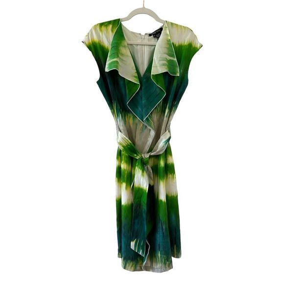 Etcetera Ruffle V-Neck Watercolor Silk Dress Women’s Green Size 8 - Picture 2 of 6